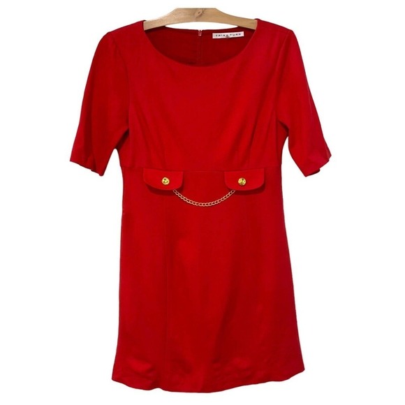 Trina Turk | Dress Red Flight Crew Half Sleeves Lined Gold Chain Knee - Size 10 - Picture 1 of 8